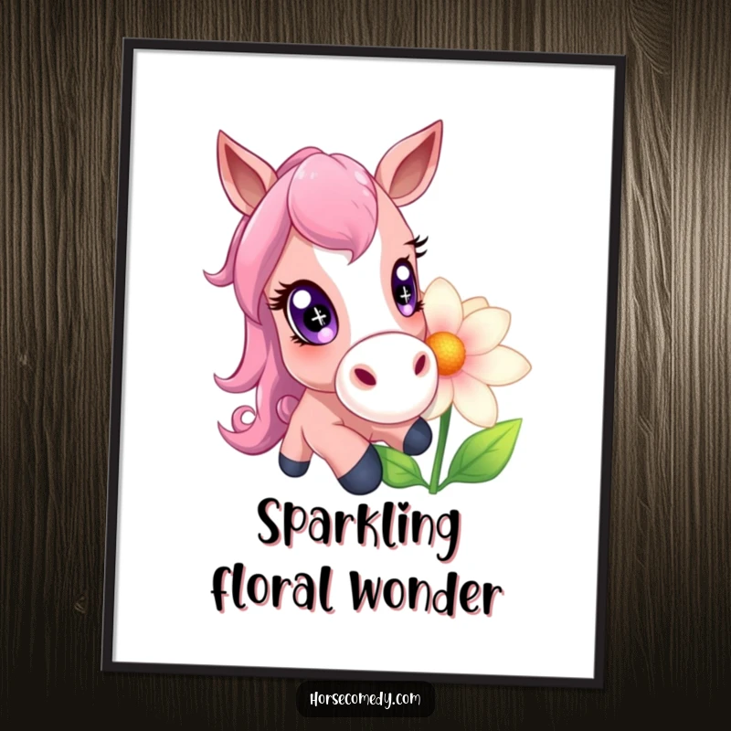 Funny horse with huge, sparkling eyes gently nudging a giant flower, a high-resolution, humorous digital art print.