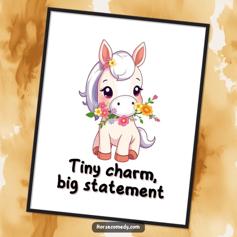 Funny digital art illustration of a tiny horse animal holding a bouquet of flowers in its mouth, perfect for instant download decor.