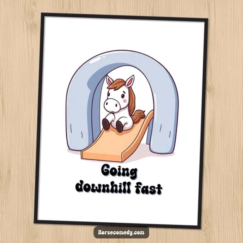 Funny horse character gleefully sliding down a large, arched slide, presented as dynamic digital art for playful decor.