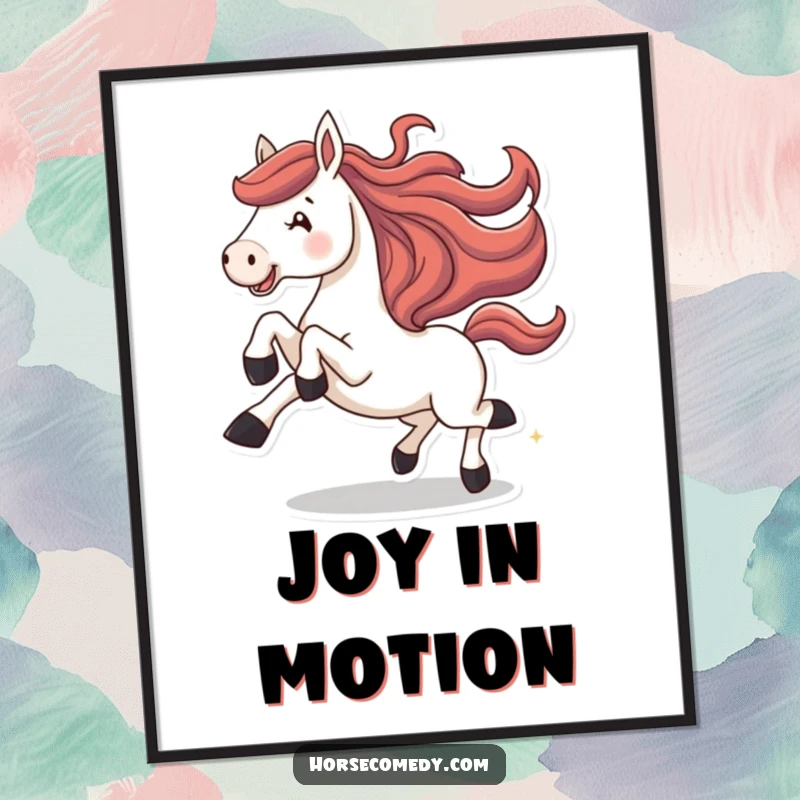 Funny horse digital art print, showing a horse joyfully galloping with legs kicked high in the air. Dynamic and energetic.