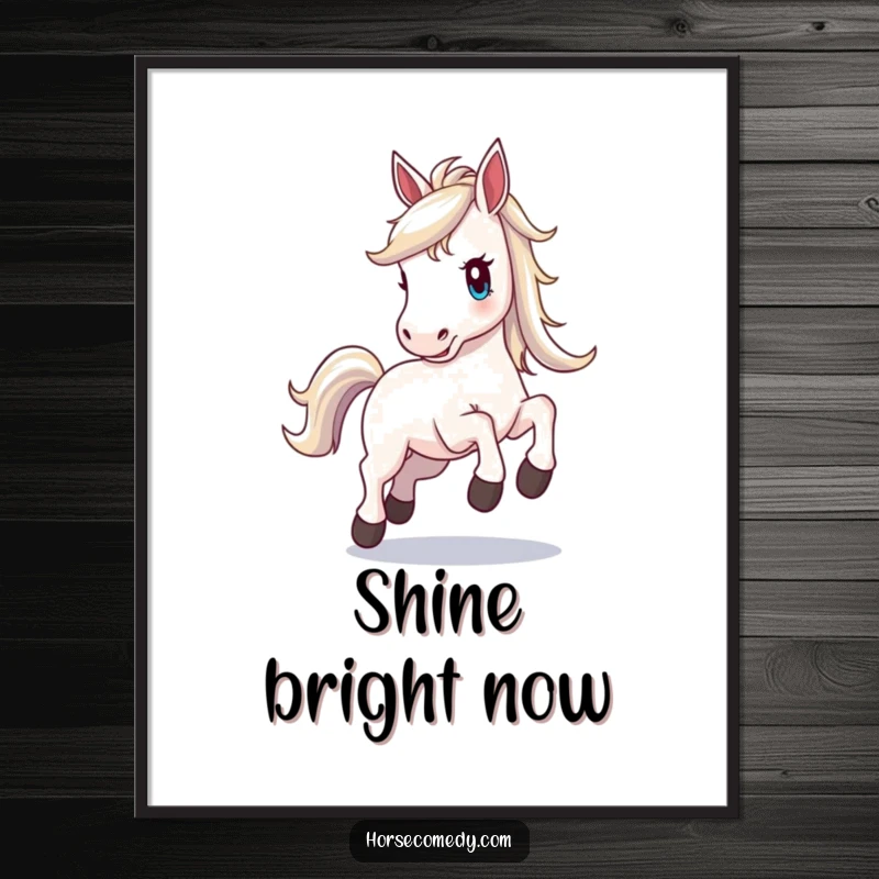 Funny horse digital art print, horse with a brilliant shimmering mane, prancing with palpable excitement and joyful exuberance.