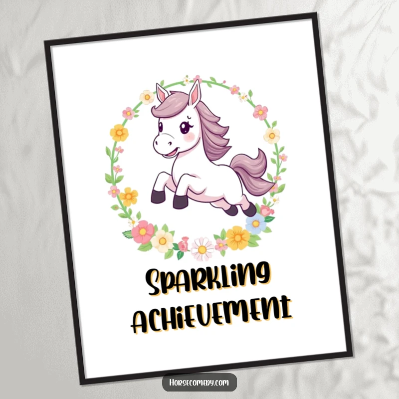 Funny leaping horse flower hoop digital art print, a downloadable piece that captures a moment of pure magic, adventure, and floral enchantment.