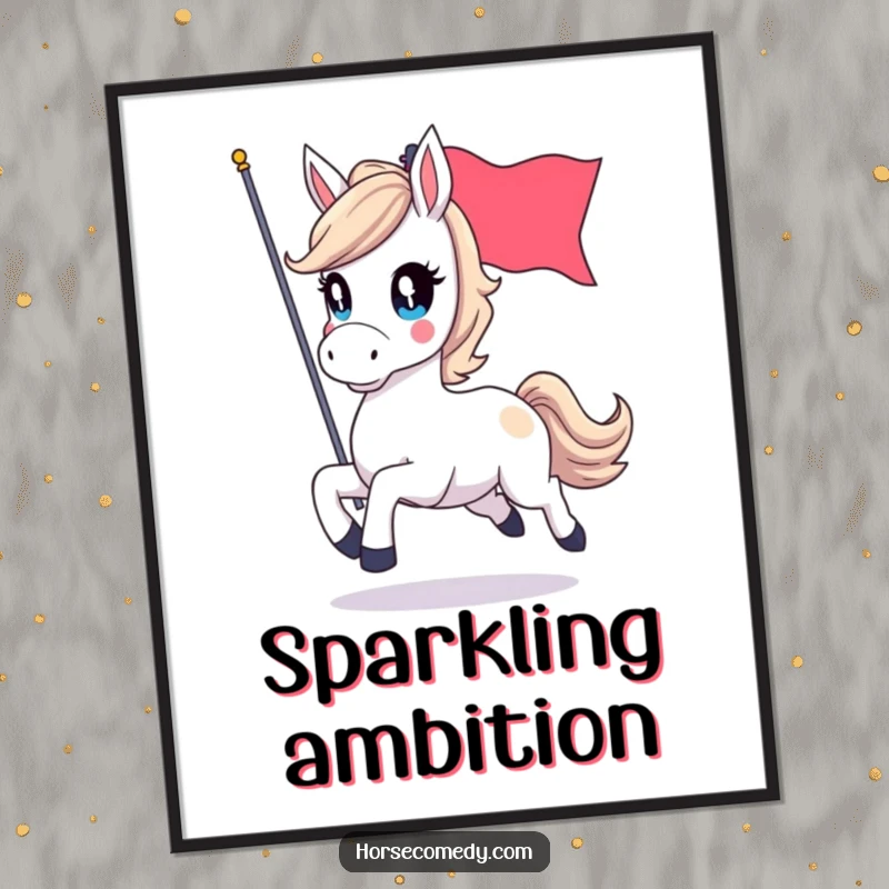 Funny digital art illustration of a horse with sparkling eyes, galloping dynamically with a flag, perfect for instant wall decor.