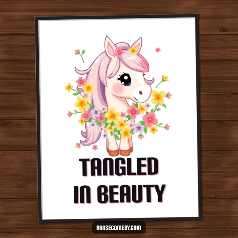 Funny Horse Flower Digital Art: A horse character playfully tangled in a bright floral garland, creating a whimsical and artistic scene.