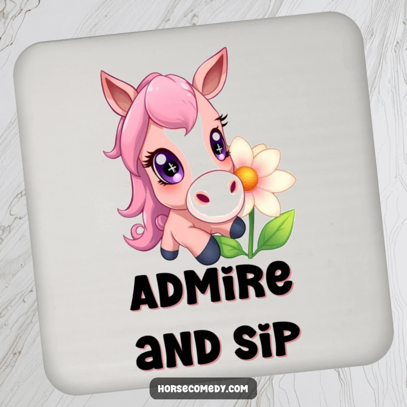 Funny horse with enormous, sparkling eyes playfully nudging a giant flower, depicted on a humorous drink coaster.