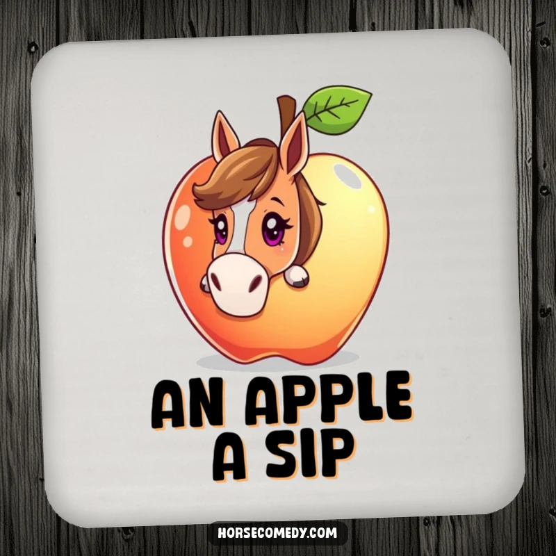 Funny horse character peeking from behind a giant, sparkling apple with a curious gaze on a drink coaster, adding whimsical charm.