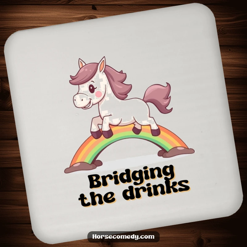 Funny horse coasters showing a joyful horse leaping over a vibrant rainbow bridge.