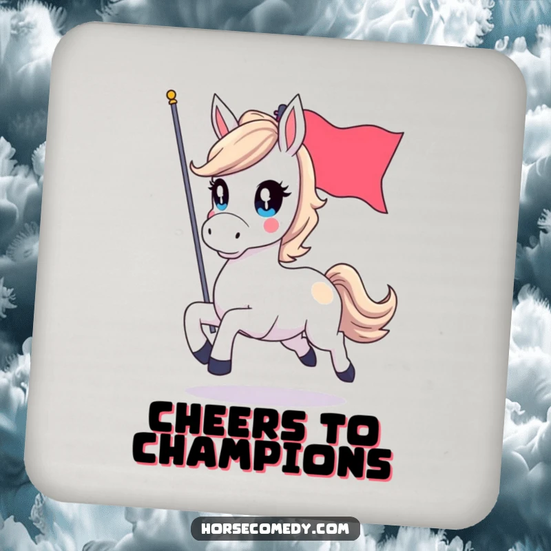 Funny drink coaster featuring a horse character with sparkling eyes, galloping with a flag, adding a touch of spirited flair.
