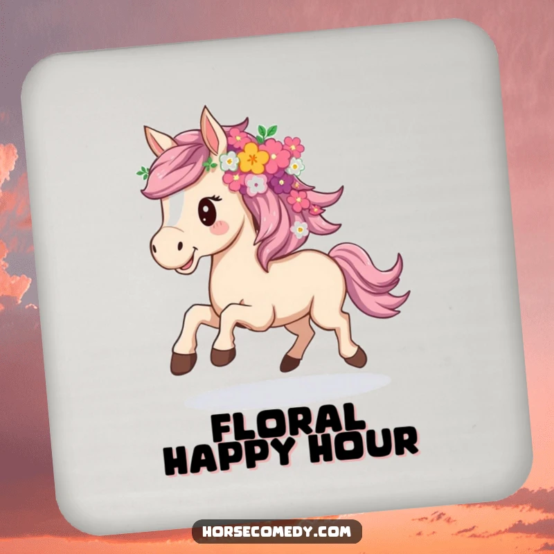 Funny drink coaster featuring a horse joyfully galloping, its mane composed of beautiful flowers.