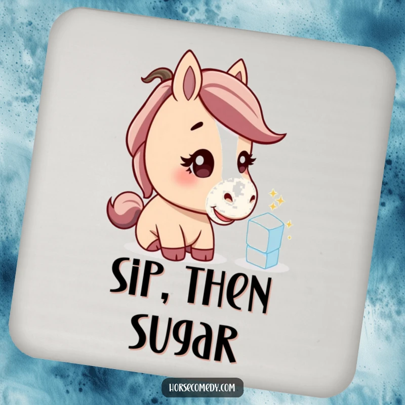 Funny horse drink coaster, a curious horse tilting its head to examine a sparkling sugar cube, protects surfaces.
