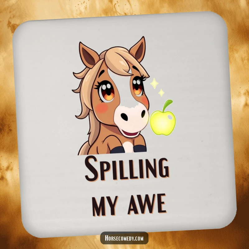 Funny drink coaster showing a horse with wide, amazed eyes looking at a glowing magical apple, for surface protection.
