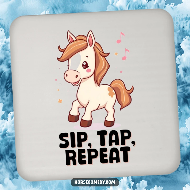 Funny drink coaster with a horse hooves tapping rhythmically to music, perfect for protecting surfaces.