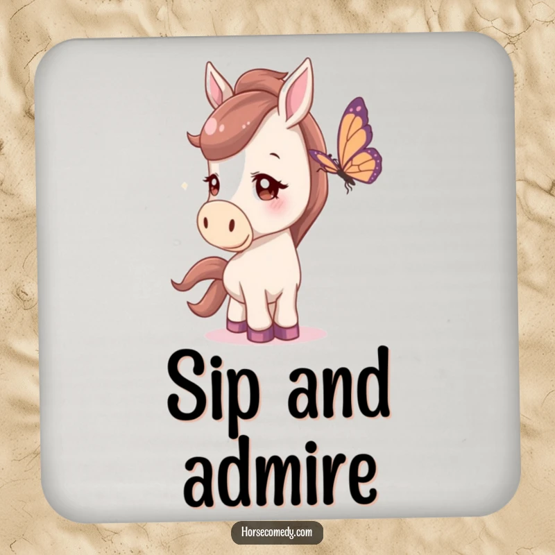 Funny Drink Coaster showing a horse with a curious head tilt, watching a butterfly, protecting surfaces with charm.