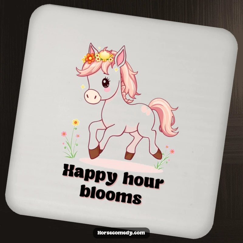 Funny Horse Foal Coaster featuring a happy young horse prancing, its mane decorated with wildflowers, adding a touch of equestrian charm.