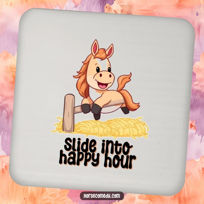 Funny horse coasters showing a horse with a playful grin, sliding down a banister made of hay.