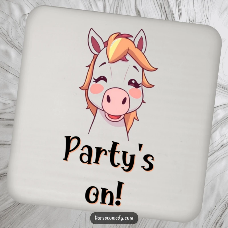 Funny horse character cartoon blush blowing a noisemaker, set of coasters for drinks, perfect funny gift.