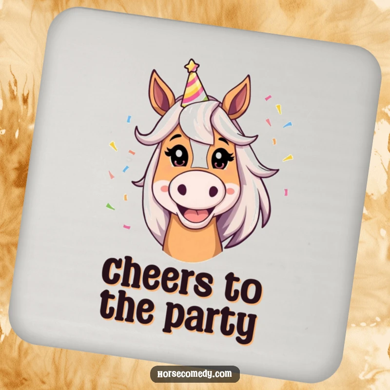 Set of Funny Horse Party Coasters featuring a silly grin horse in a party hat and confetti, protecting surfaces humorously.