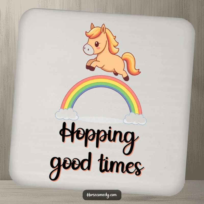 Funny horse coaster, cute character leaping over a tiny rainbow, protecting surfaces with cheerful and playful charm.