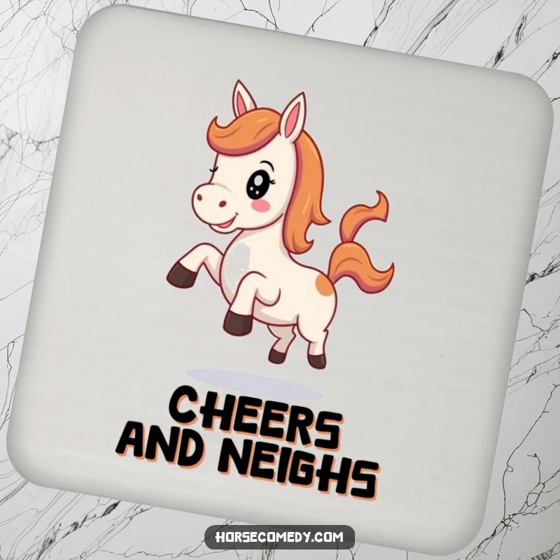 Funny Kawaii Horse Coaster showing a cute horse neighing cheerfully and kicking its heels playfully.
