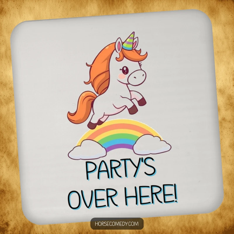 Funny drink coaster featuring a horse wearing a party hat, leaping over a rainbow, adding magical humor.