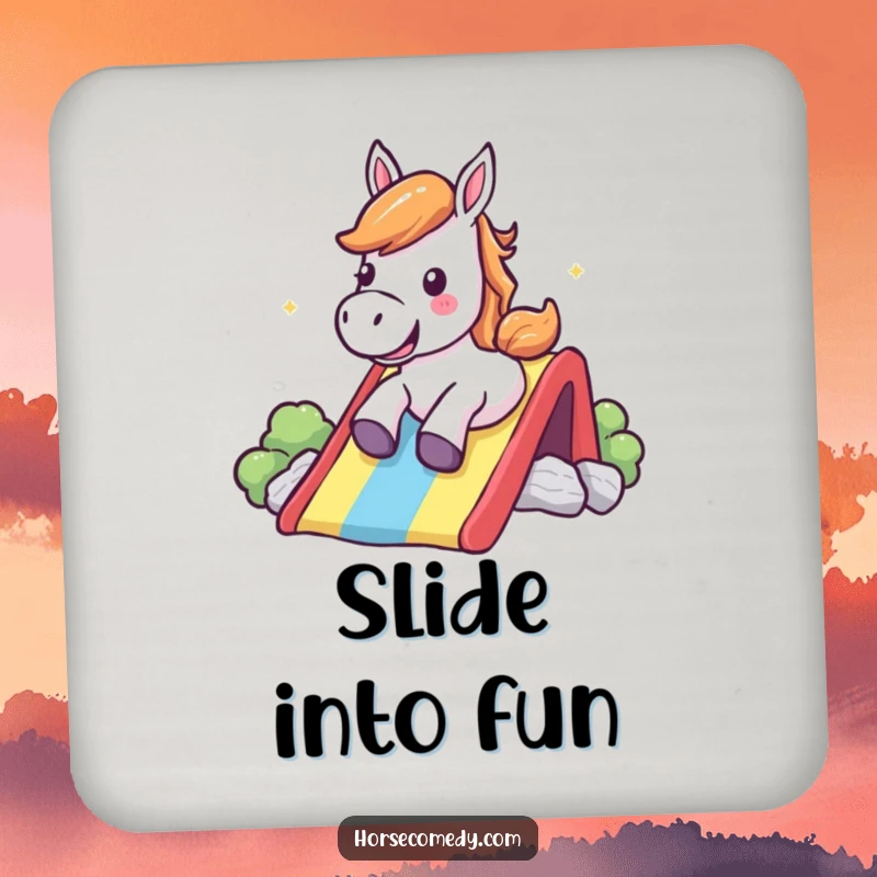 Funny Coaster: A happy horse shouts with joy while sliding down a rainbow, protecting your table.