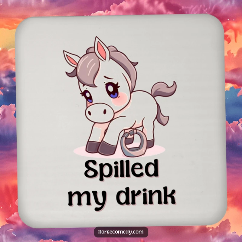 Funny drink coaster showing a horse comically tripping over a small, shiny horseshoe with a surprised expression.