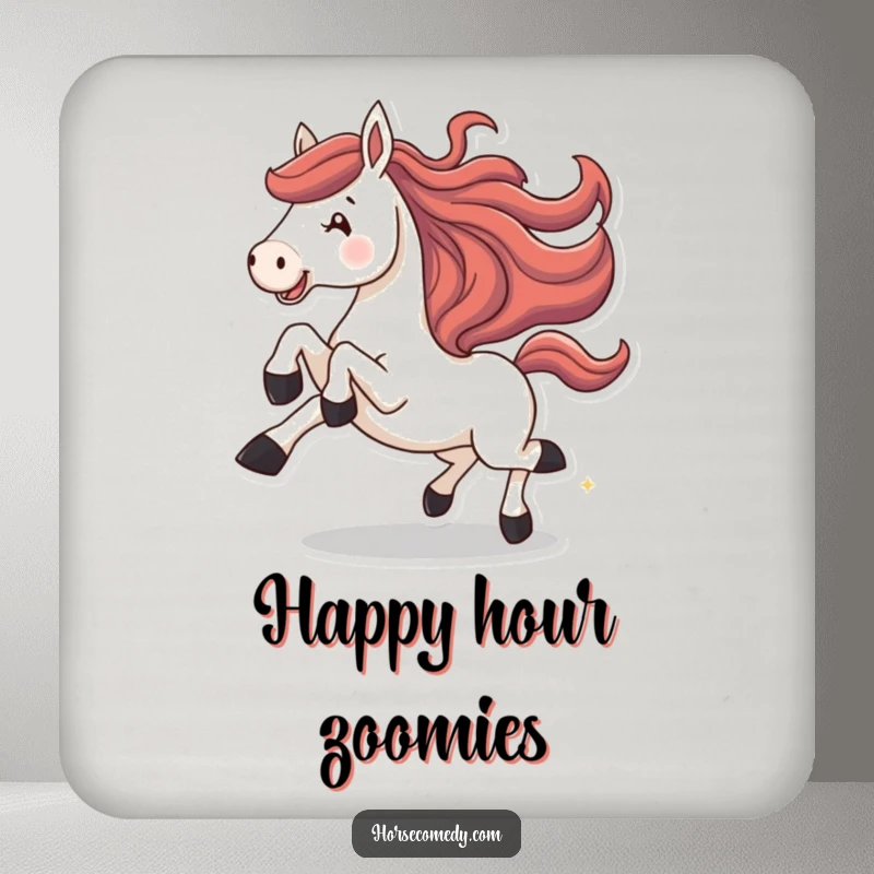 Funny horse coaster, depicting a horse joyfully galloping with legs kicked high. Adds humor and style.