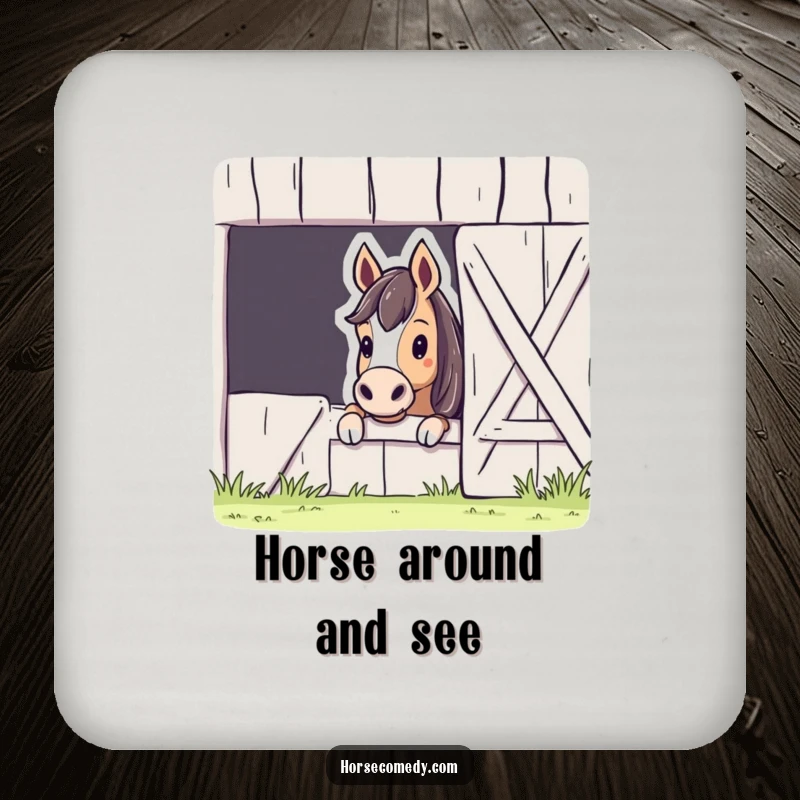 Funny Horse Barn Peek Coasters featuring a curious horse peeking from a barn, protecting surfaces with a humorous and stylish design.