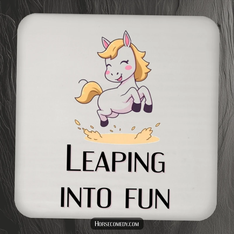 Funny drink coaster featuring a horse in a joyful leap, kicking up dust, adding playful humor to any surface.