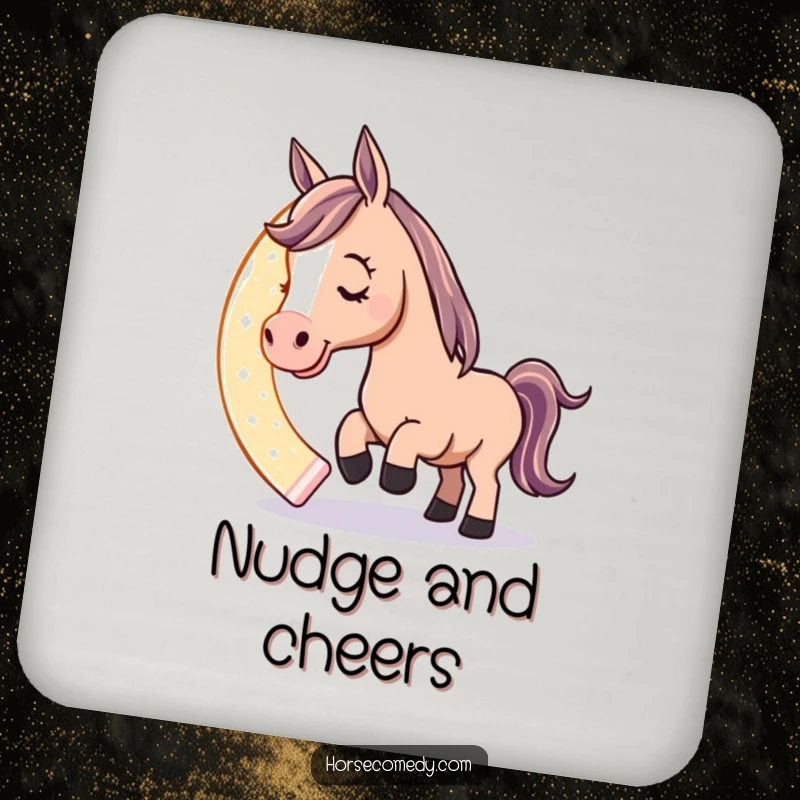 Funny coasters featuring a playful horse character nudging a giant, glowing horseshoe with its nose, protecting surfaces with luck and humor.