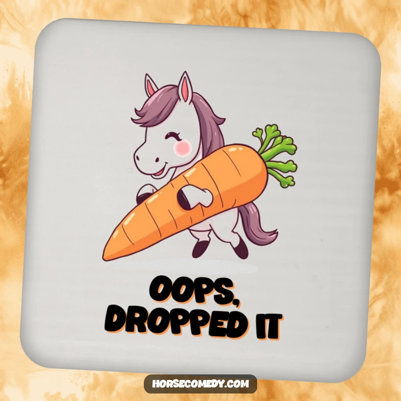 Funny horse character tripping while carrying a giant carrot, depicted on a humorous drink coaster.