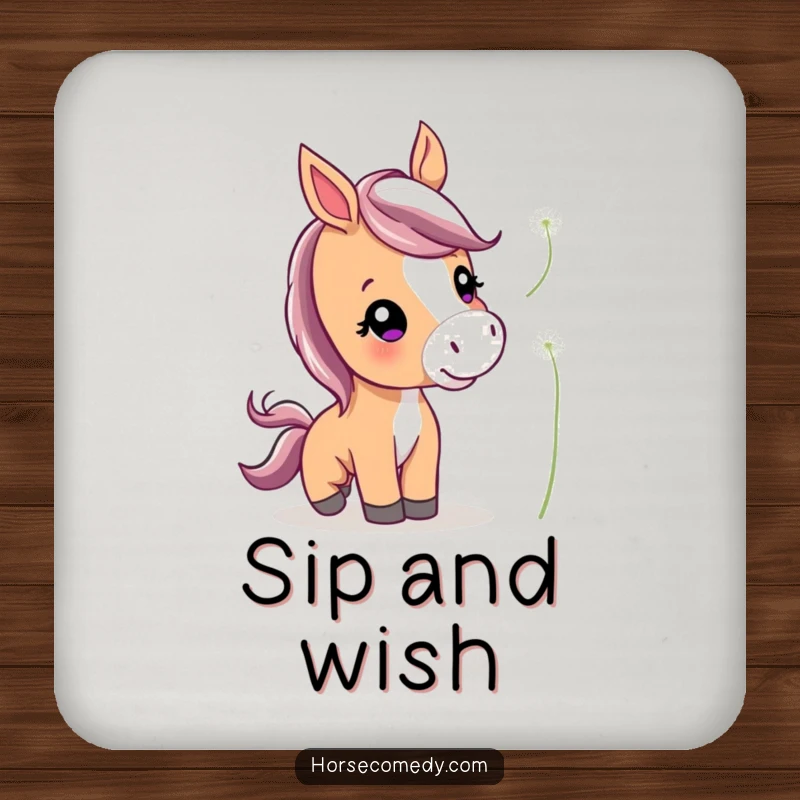 Funny Cute Horse Coaster showing a horse with perked ears playfully nudging a floating dandelion, gentle and charming.