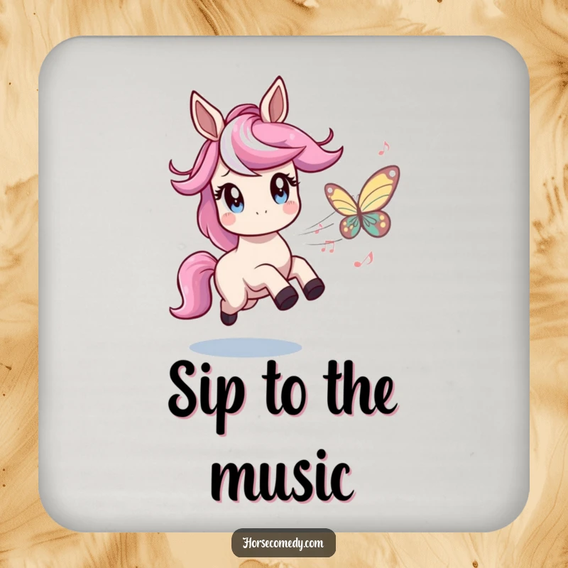 Funny coasters featuring a horse character with twinkling eyes playfully chasing a butterfly made of musical notes, protecting surfaces with music and humor.