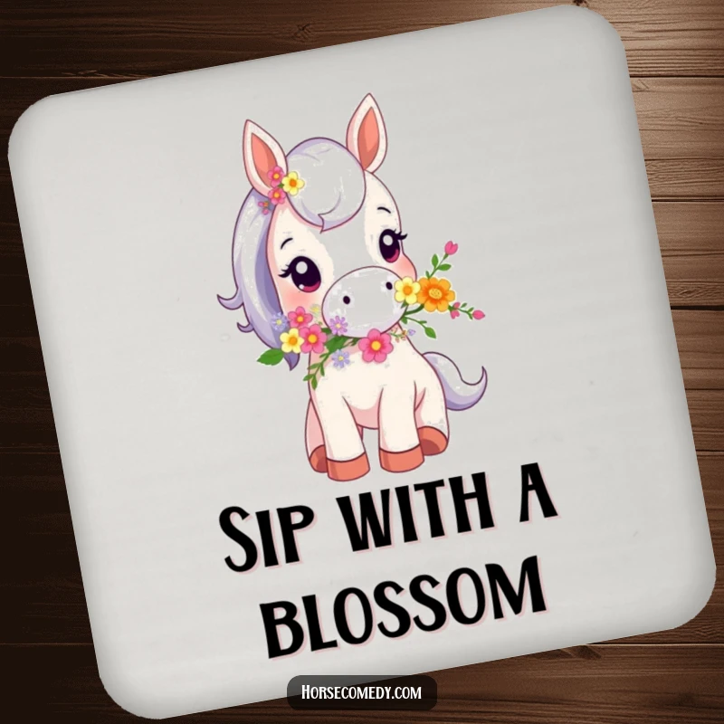 Funny drink coaster with a tiny horse animal holding a bouquet of flowers in its mouth, adding a cute and humorous touch.