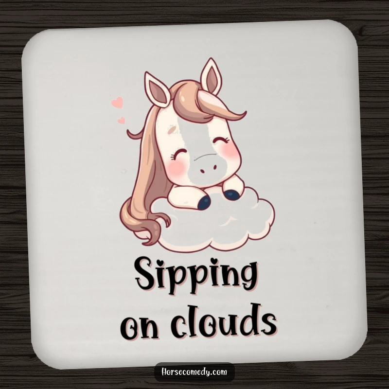 Funny horse drink coaster, a contented horse resting its head on a fluffy cloud, protects surfaces with humor.
