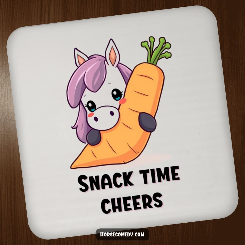 Funny horse coaster, showing a horse peeking over a giant, smiling carrot. Adds humor and protection.