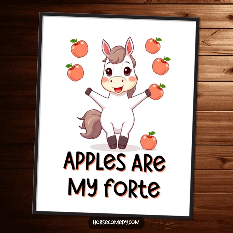 Funny horse character joyfully juggling bright apples, displayed large on a poster, adding a vibrant and comical touch to decor.