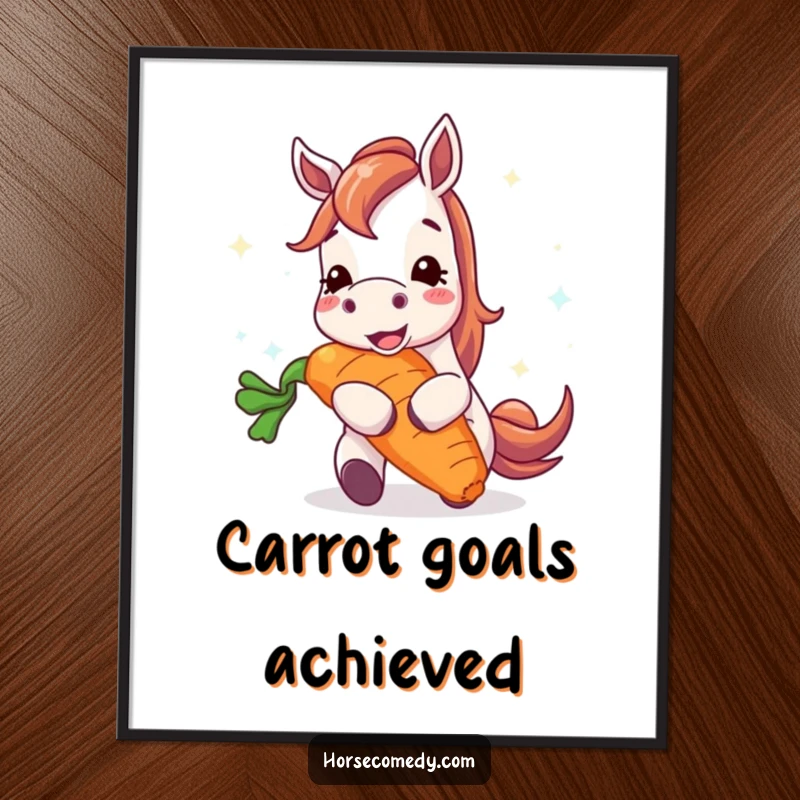 Funny horse poster showcasing a happy horse character enthusiastically devouring a gigantic, radiant carrot, a humorous celebration of delicious bounty.