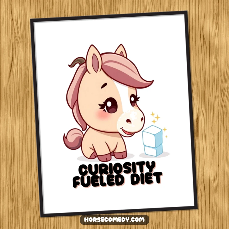 Funny horse poster art, a curious horse tilting its head to examine a sparkling sugar cube, humorous wall decor.