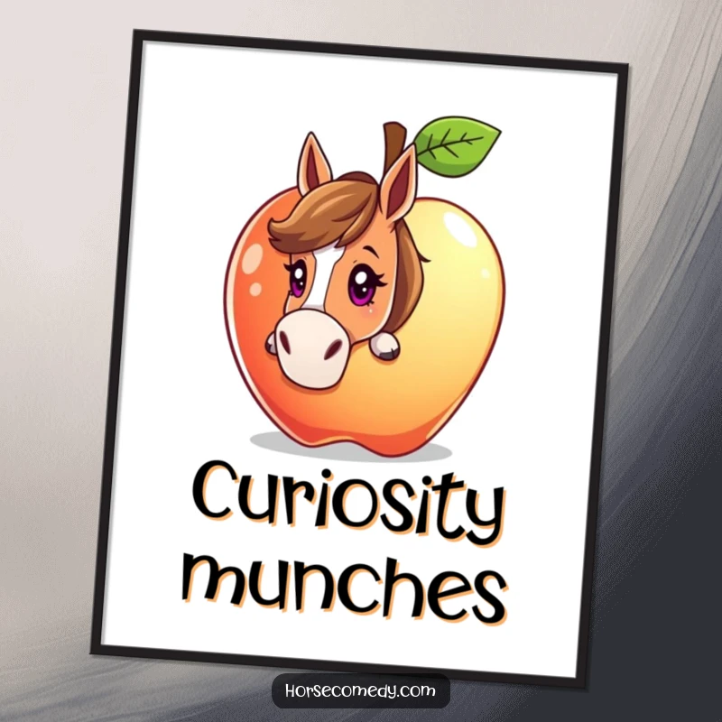 Funny horse character peeking from behind a giant, sparkling apple with a curious gaze on a poster, a whimsical wall decoration.