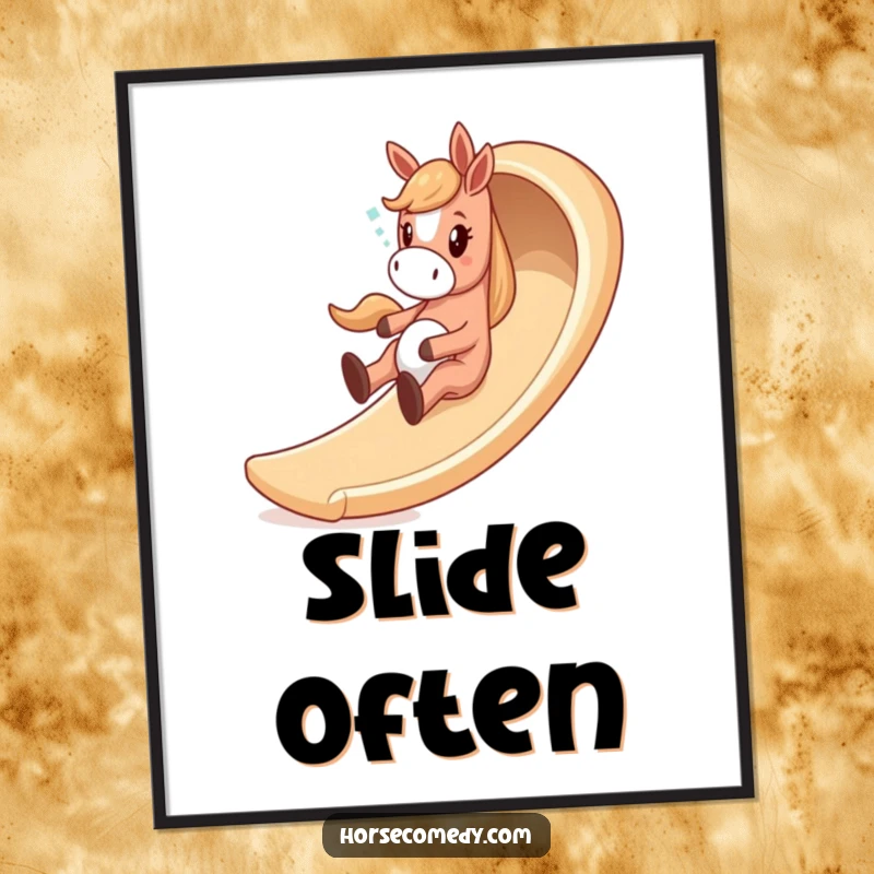 Funny horse poster featuring a giddy horse character sliding down a whimsical, winding slide, bringing a sense of adventurous joy.