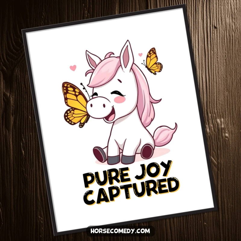 Funny horse character giggling while being tickled by a playful butterfly on a poster, a delightful and comical piece of wall art.