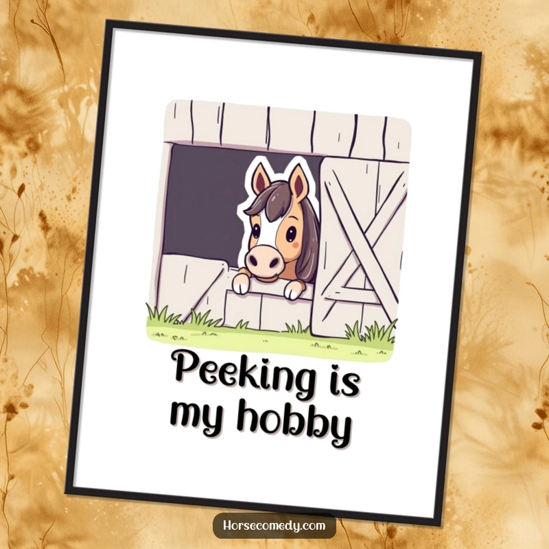 Funny Horse Barn Peek Poster of a curious horse peeking from a barn, adding whimsical charm and a humorous focal point to any decor.