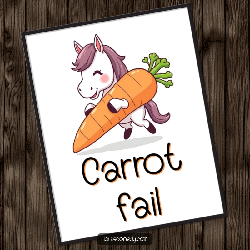 Funny horse character tripping over its own feet while carrying a giant carrot, a humorous art print.