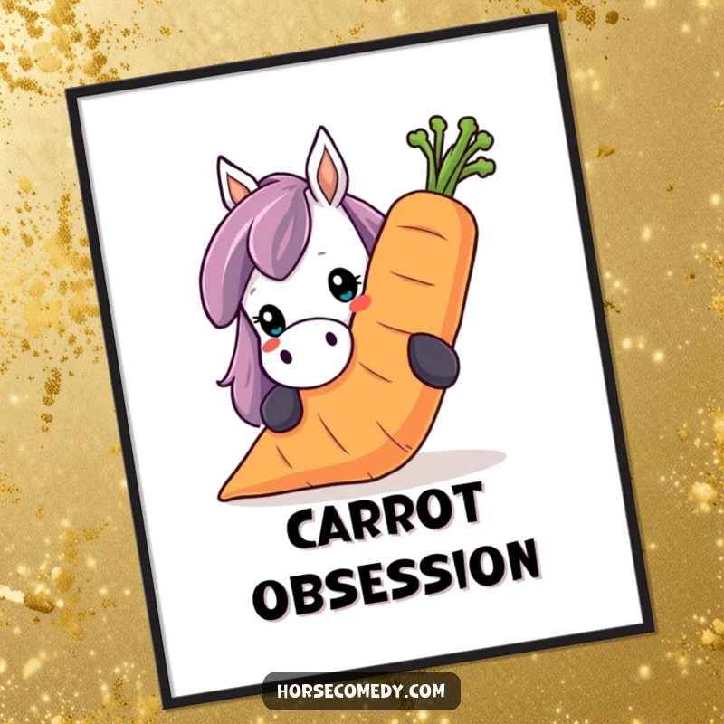 Funny horse poster, with a horse peeking over a huge, smiling carrot. Quirky and eye-catching art.