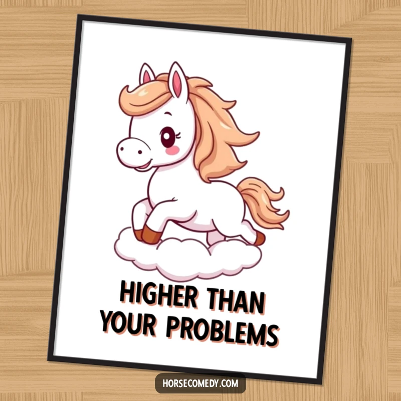 Funny horse poster of a fluffy horse with flowing mane, excitedly galloping on a cloud.