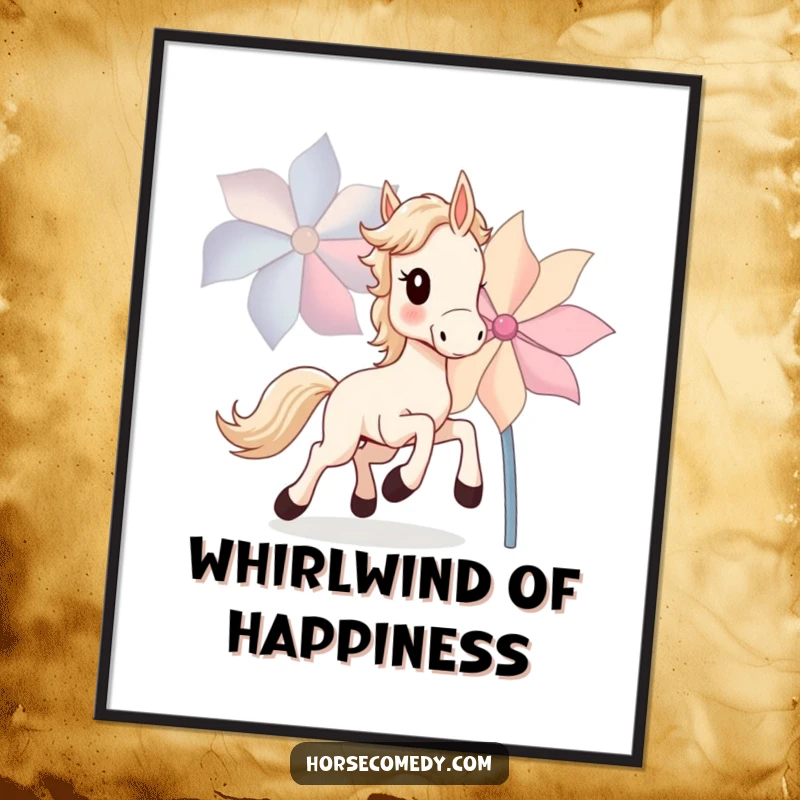 Funny Horse Cub Poster illustrating a small horse cub joyfully chasing a large, colorful spinning pinwheel.