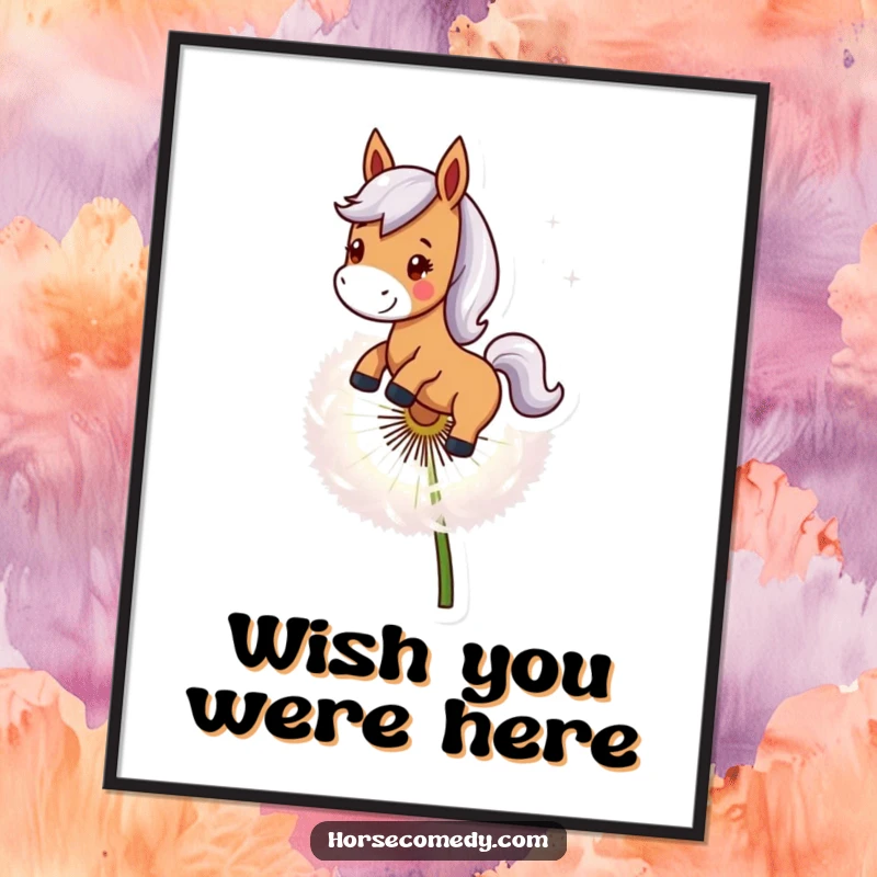 Funny Horse Dandelion Poster: A smiling horse character rides a giant dandelion seed, capturing a moment of pure, whimsical adventure.