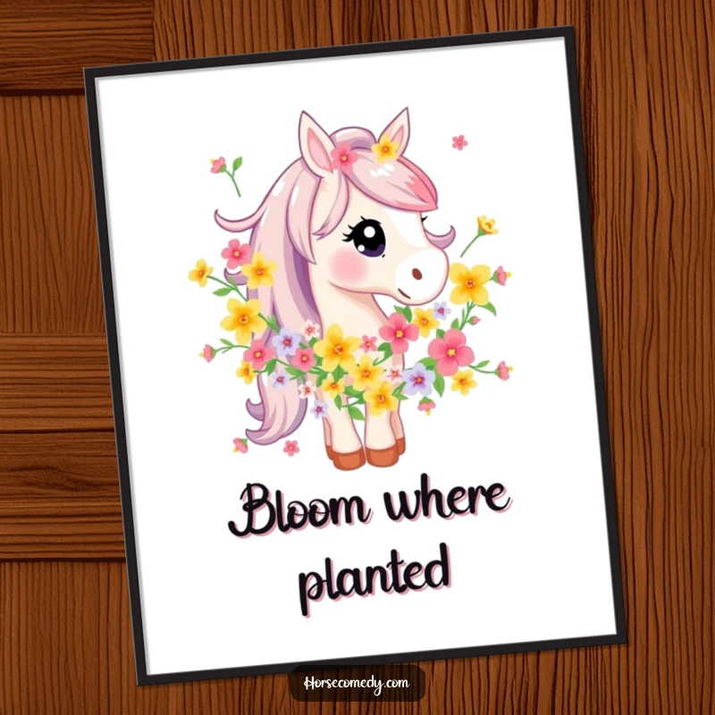 Funny Horse Flower Poster: A horse character playfully tangled in a bright garland of flowers, creating a whimsical and artistic scene.