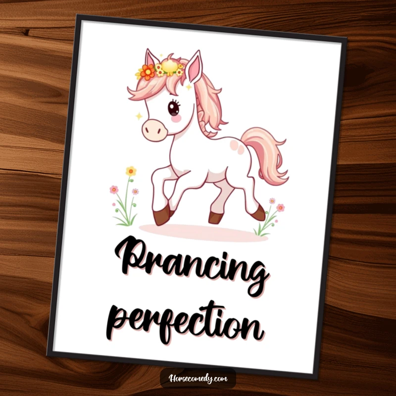 Funny Horse Foal Poster illustrating a delightful young horse prancing with abandon, its mane bursting with colorful wildflowers.